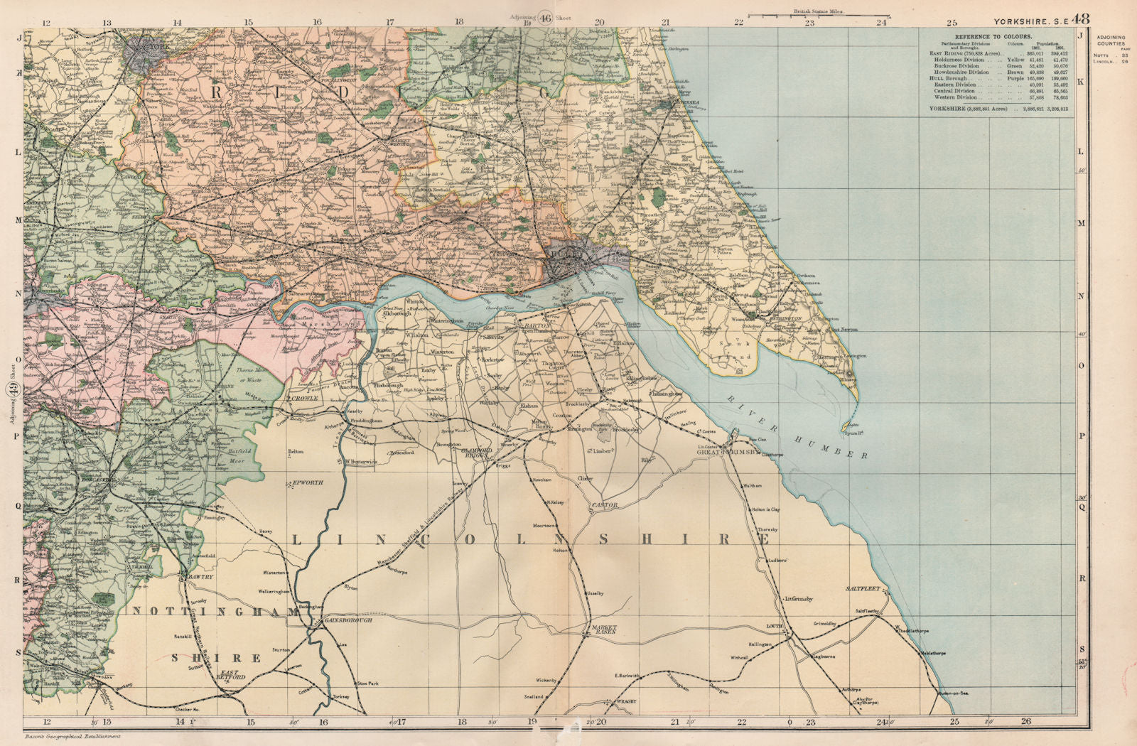 HUMBER ESTUARY.Yorkshire South East.Shows Parliamentary divisions.BACON 1896 map